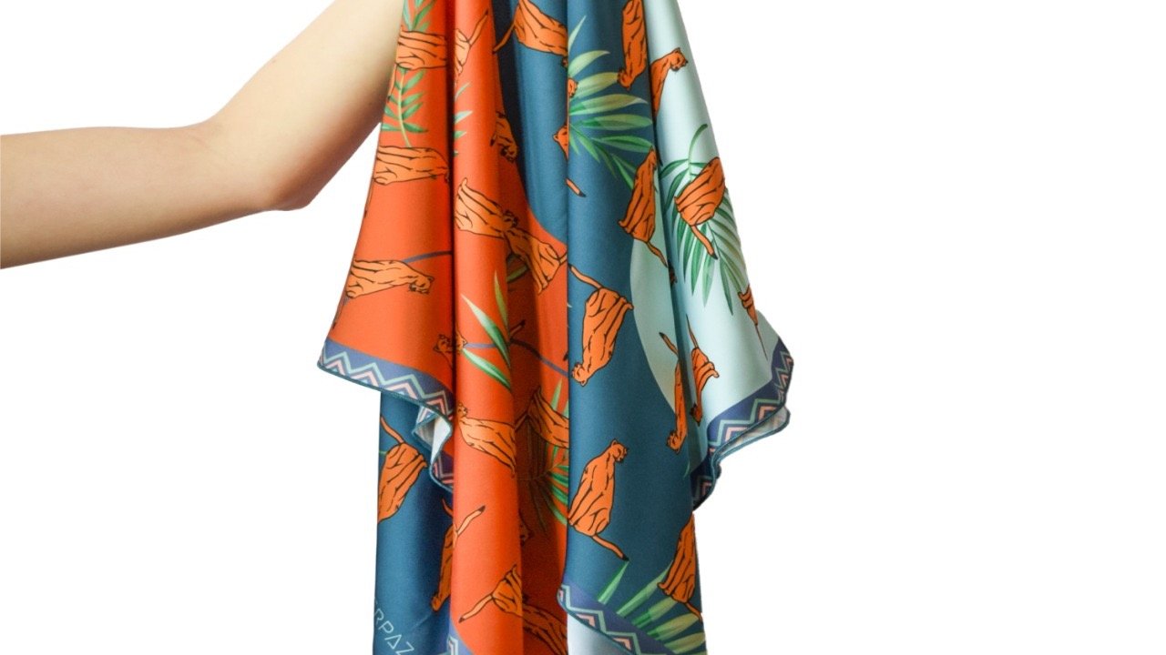 Kerpaz Natural silk Armenian scarf with larks and Armenian ornaments the Caucasian Panther and Palms