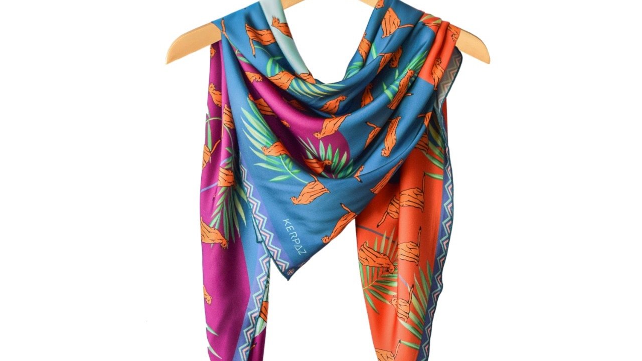 Kerpaz Natural silk Armenian scarf with larks and Armenian ornaments the Caucasian Panther and Palms