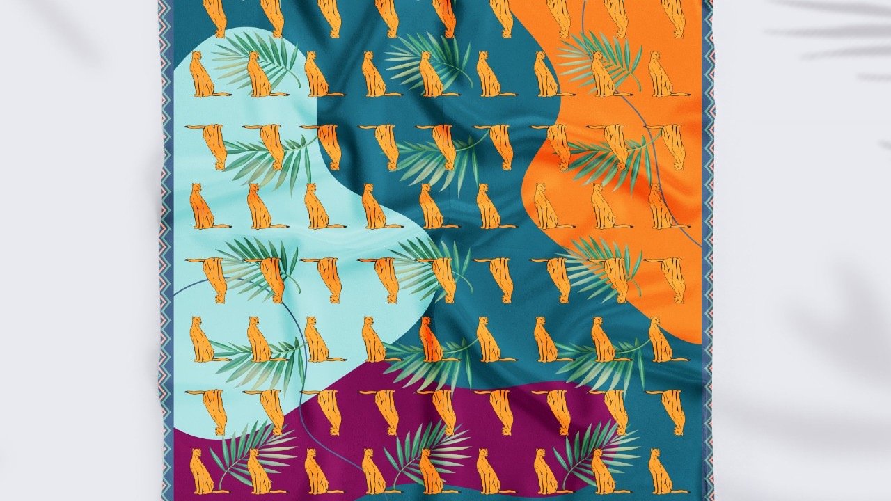 Kerpaz Natural silk Armenian scarf with larks and Armenian ornaments the Caucasian Panther and Palms