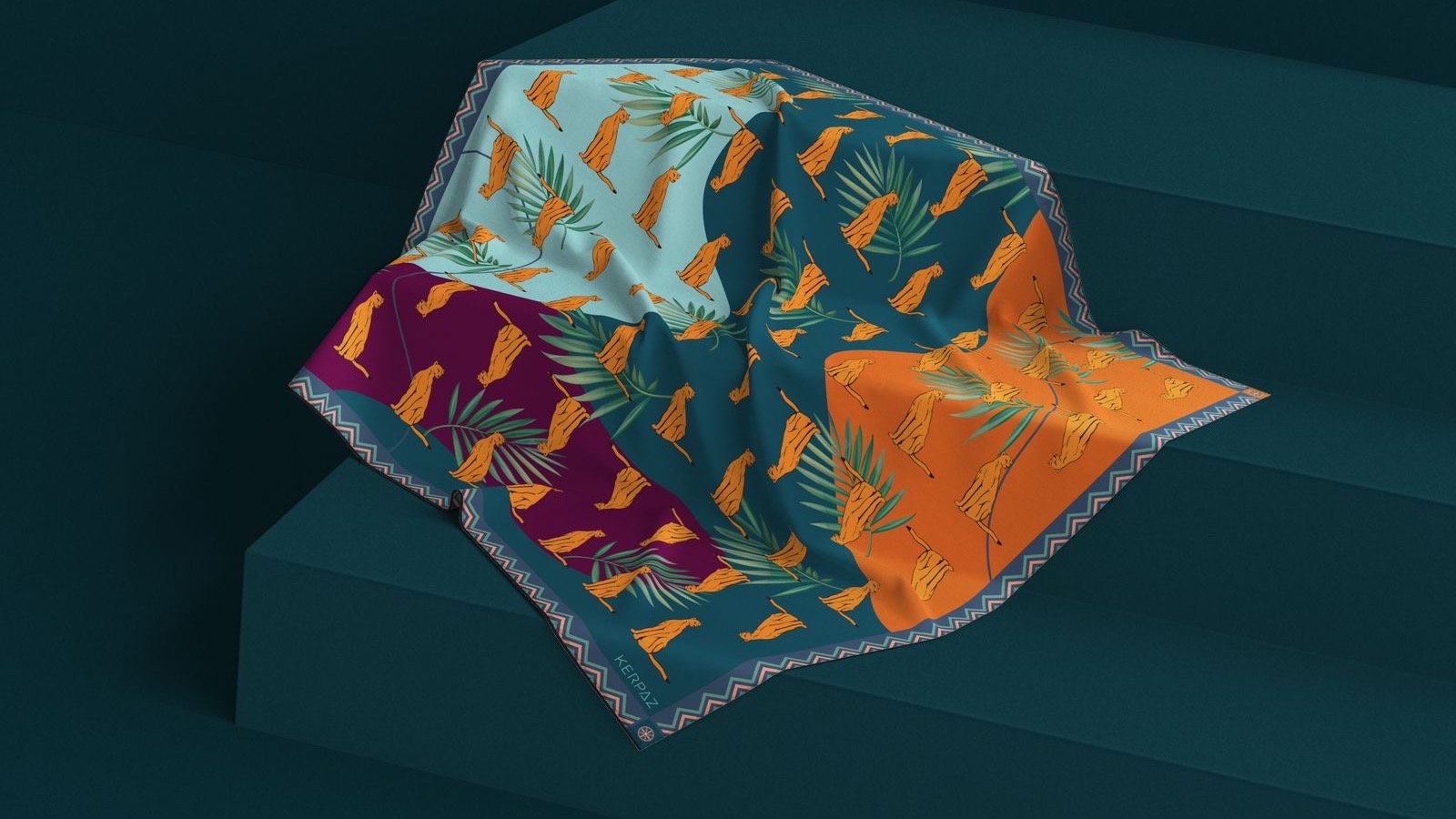 Kerpaz Natural silk Armenian scarf with larks and Armenian ornaments the Caucasian Panther and Palms