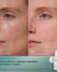Srovnávací snímky ženského obličeje „před“ a „po“, které ukazují zlepšení hydratace a čistoty pleti, spolu s obrázkem produktu a doprovodným textem s tvrzením o účinku