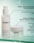 Ilustrace představující kombinaci produktů – denní čisticí gel Total Moisture a odpovídající hydratační krém – zdůrazňující komplexní hydratační rutinu podporující kožní bariéru