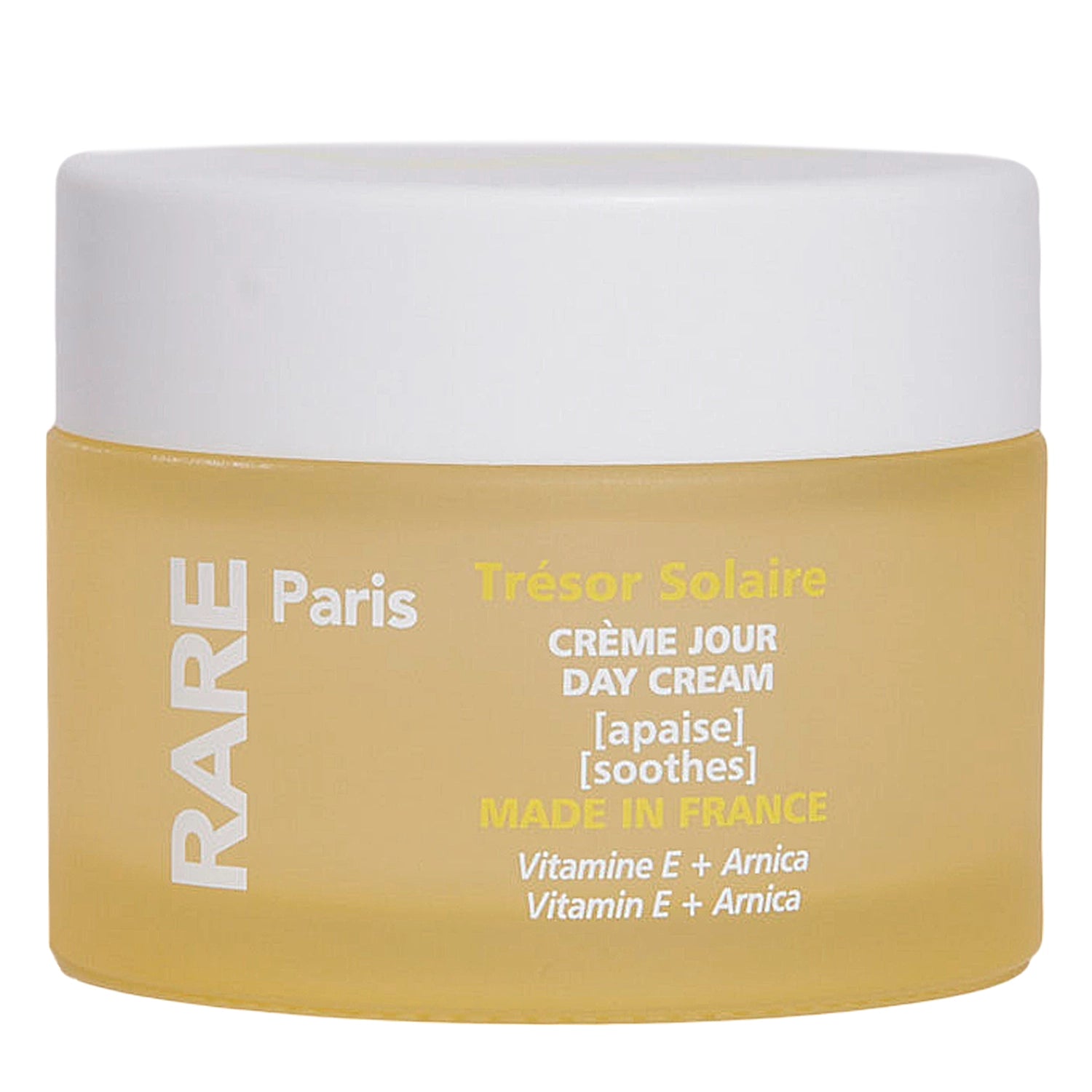 Rare Paris Trésor Solaire Day Cream for sensitive skin, soothing with arnica and vitamin E, made in France.