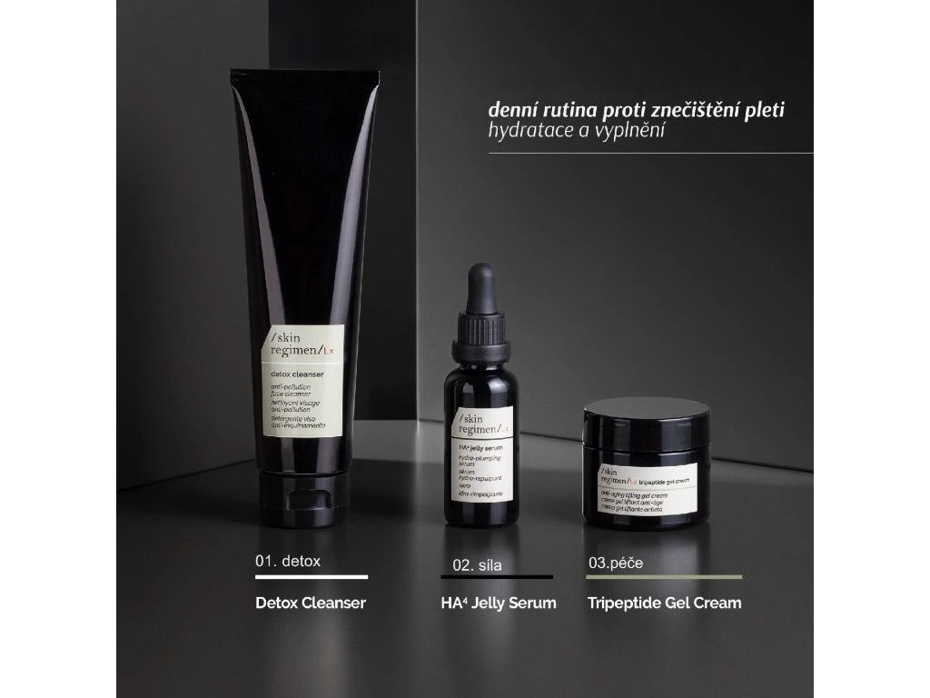 Daily skincare routine featuring Detox Cleanser, HA+ Jelly Serum, and Tripeptide Gel Cream by Skin Regimen, Italy.