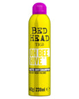 Yellow BED HEAD TIGI dry shampoo bottle with purple cap, OH BEE HIVE label front