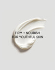 White cream smear on a light gray background with text 'Firm + Nourish for Youthful Skin'.