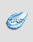 Blue skincare product smear with 'Gently Cleanse & Hydrate' text on a light gray background