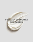 White cream swatch on a light gray background with text 'Hydrate + Strengthen Skin Barrier'.