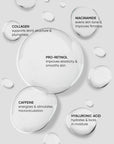 Cosmetic product with labeled ingredients on a light gray background
