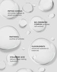 Skincare product droplets with text on a light gray background