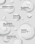 Skincare product droplets with text on a light gray background