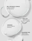 Skincare product with labeled ingredients on a light gray background