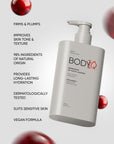BODIQ skincare product with text highlighting features on a light gray background