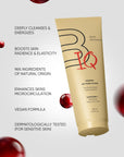 Tube of BODIQ cleanser with text highlighting benefits on a light gray background
