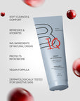Tube of BODIQ body cleanser with product features listed on a light gray background