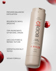 BODIQ skincare product with text highlighting features on a light background