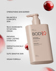 BODIQ skincare product with text highlighting benefits on a light gray background
