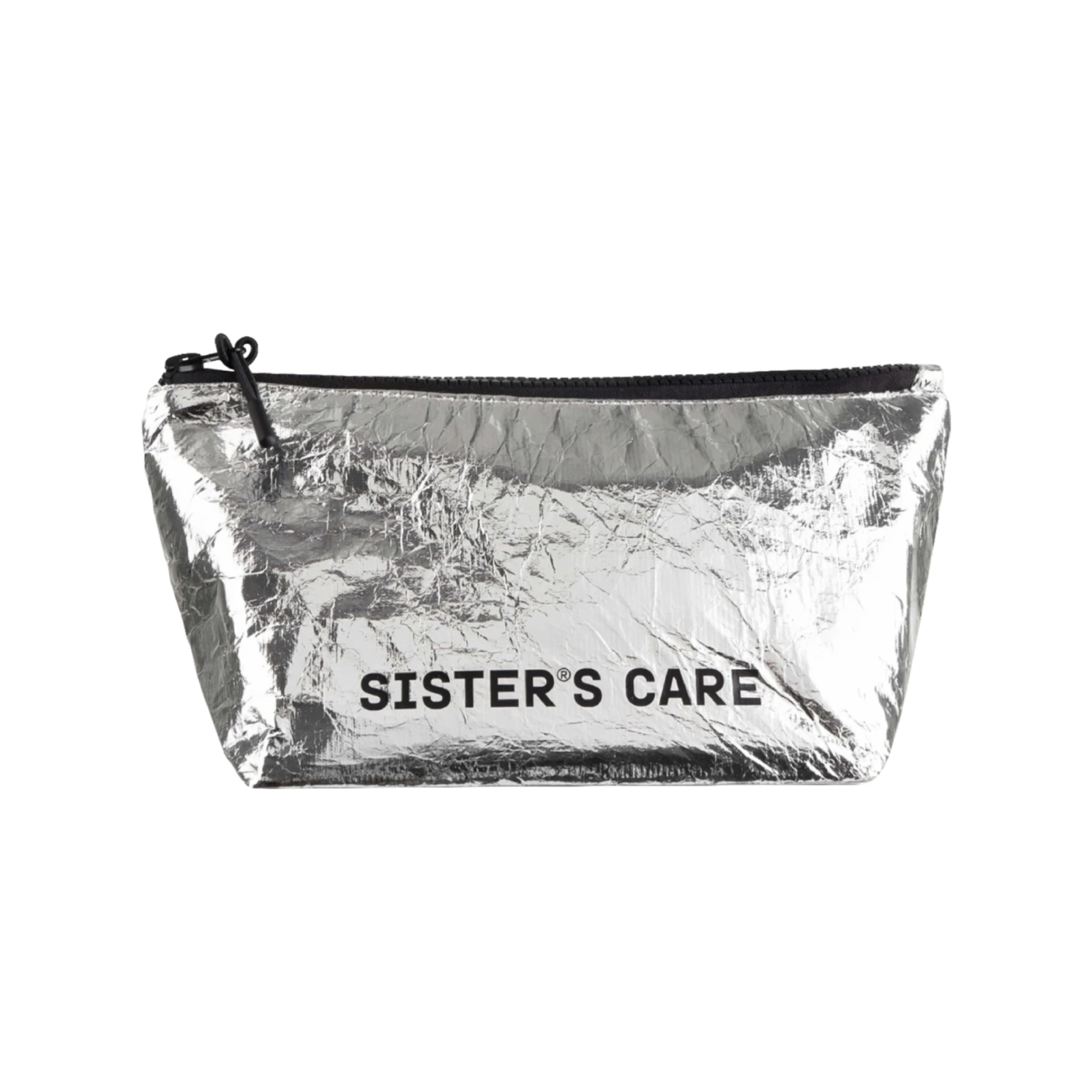 Sister's Aroma cosmetic bag in shiny silver, perfect for on-the-go beauty essentials.
