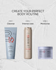 Three BODIQ skincare products with step-by-step instructions on a light gray background