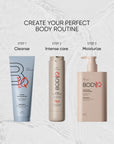 Three BODIQ skincare products with step-by-step instructions on a light gray background