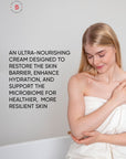 Woman applying cream to her arm with text about ultra-nourishing cream benefits.