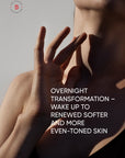Person with toned skin and text about overnight transformation on a gray background