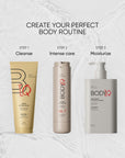 Three skincare products with step-by-step instructions for a body routine on a light background.