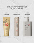 Three BODIQ skincare products with step-by-step instructions on a light background