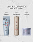 Three BODIQ skincare products with step-by-step instructions on a light gray background