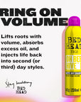 Yellow OH BEE HIVE dry shampoo bottle with purple cap on volume benefit card