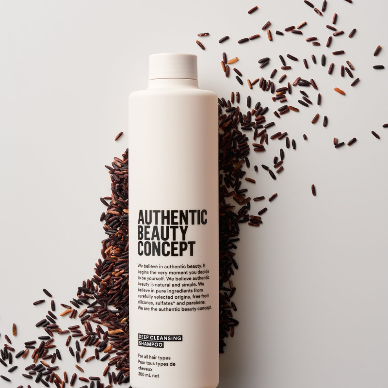 Authentic Beauty Concept Deep Cleansing Shampoo 300 ml bottle with rice grains, sulfate-free, paraben-free formula.