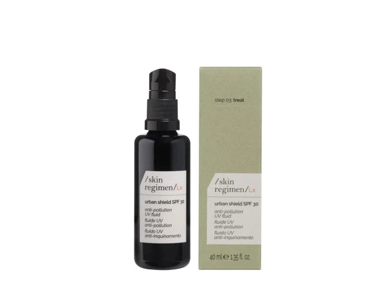 /skin regimen/ Urban Shield SPF30 UV fluid for skin protection against pollution, suitable before makeup application.