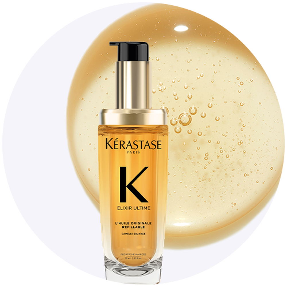 Luxurious Kérastase Elixir Ultime oil in a sleek bottle, perfect for nourishing and shining hair.