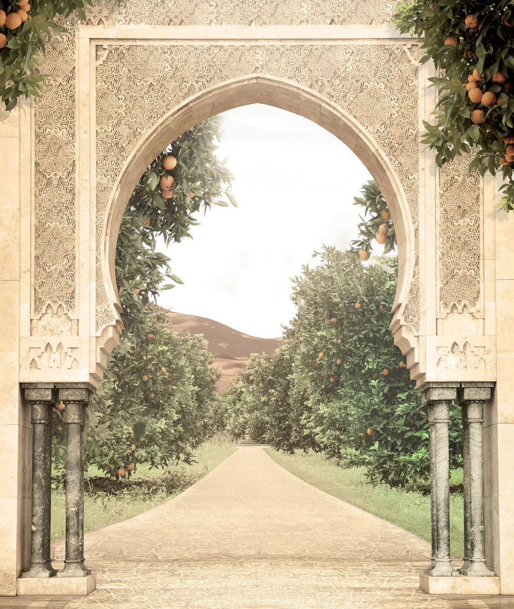 Archway leading to a pathway through orange trees, showcasing a serene garden scene.