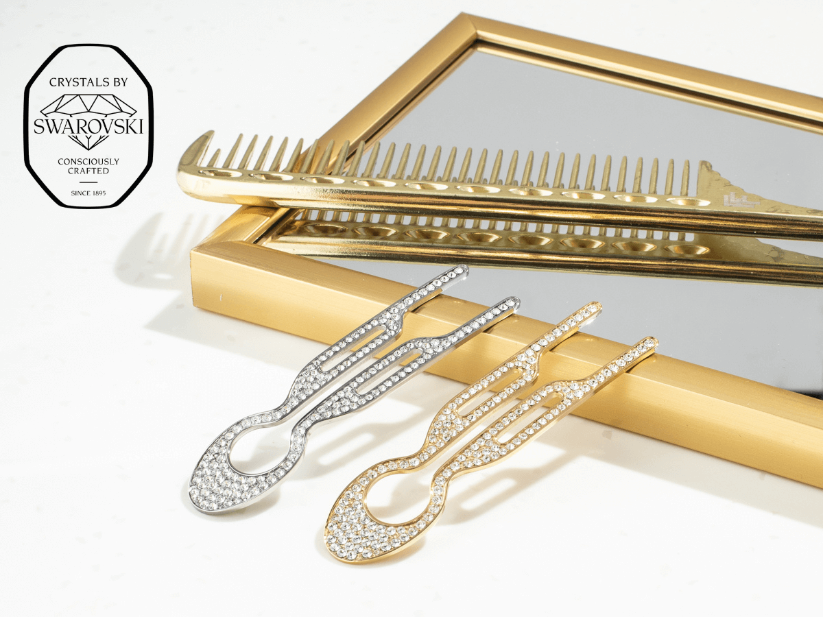 Fiona Franchimon Nº1 HAIRPIN Steel with Swarovski® Crystals | Yellow Gold Finish displayed with silver hairpin and comb.