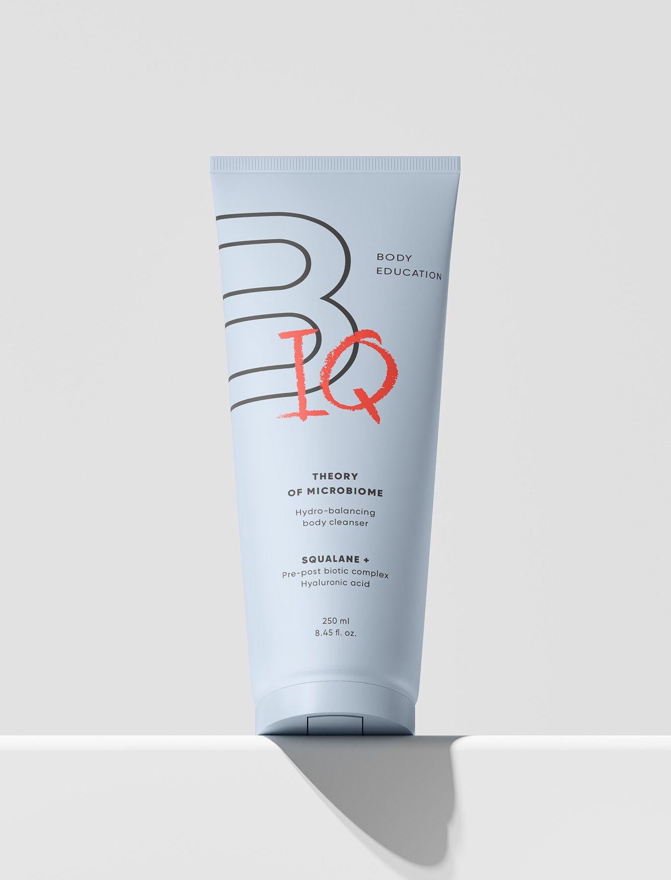 Tube of Body Education body wash on a white background