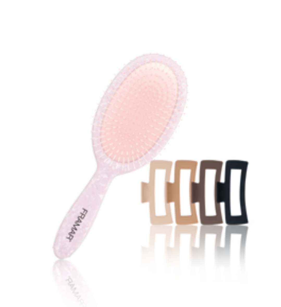FRAMAR Glazed Holiday Glow Box with a pink brush and hair clips for a limited edition styling experience.