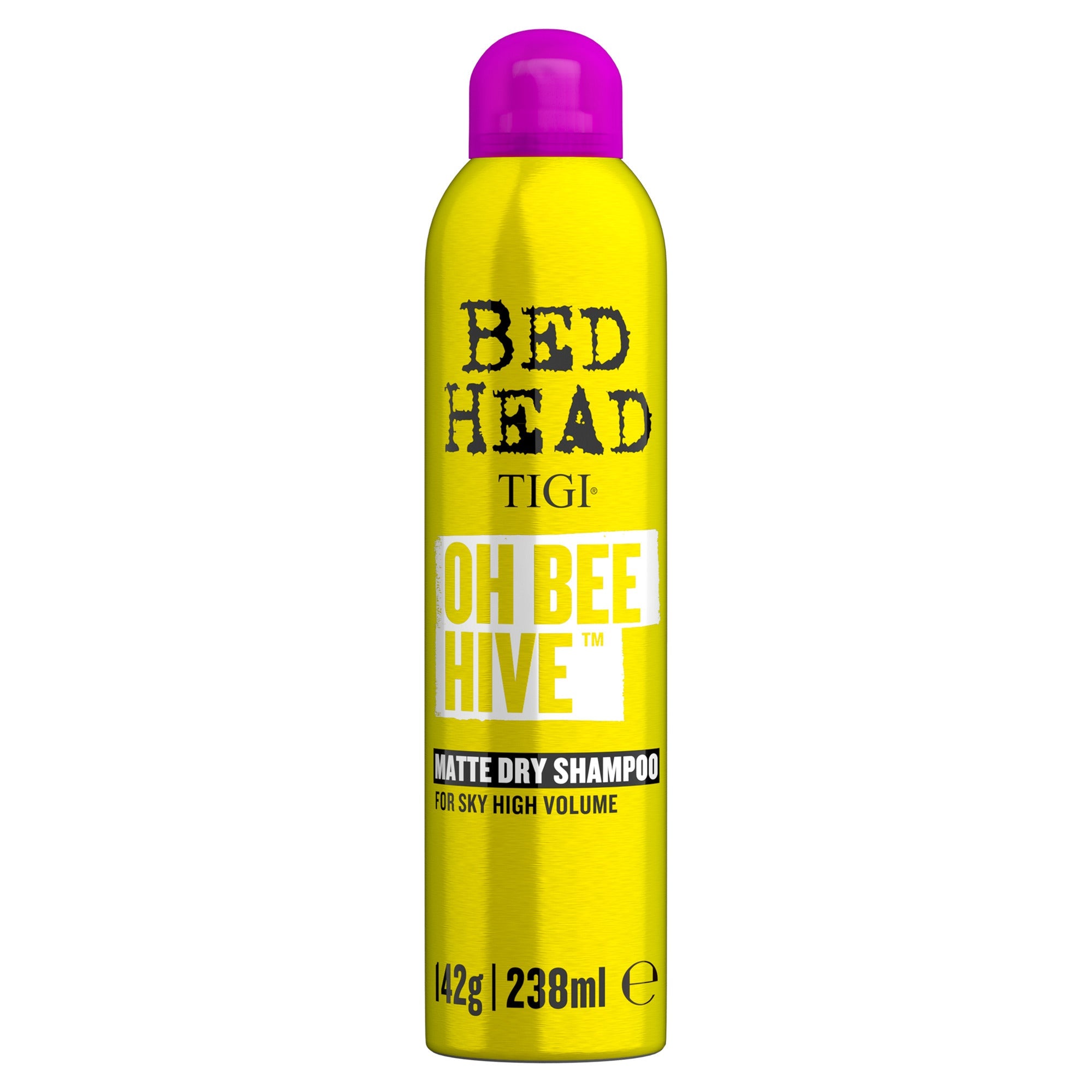 Yellow BED HEAD TIGI dry shampoo bottle with purple cap, OH BEE HIVE label front