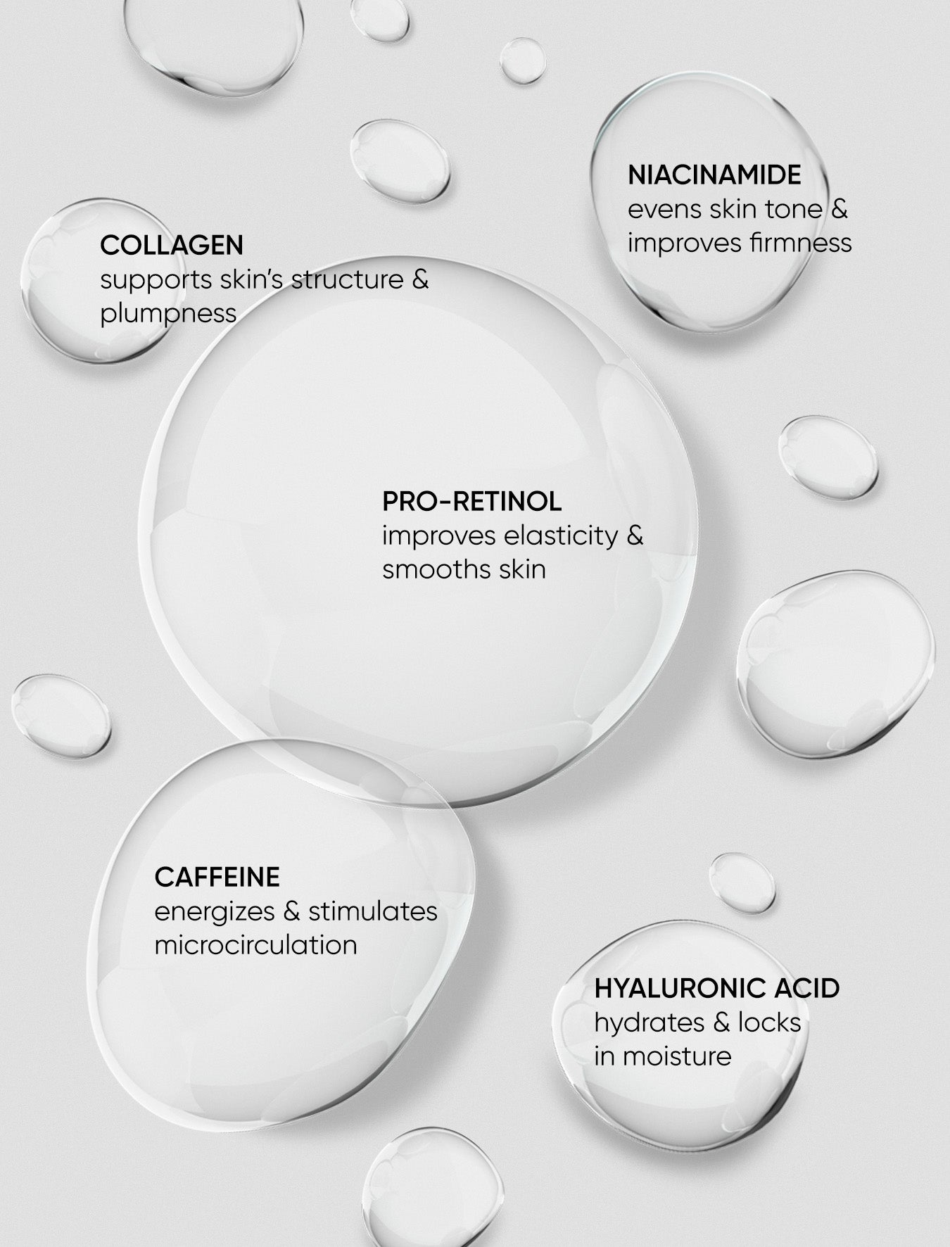 Cosmetic product with labeled ingredients on a light gray background