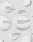 Skincare product droplets with text on a light gray background