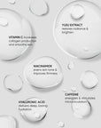 Skincare product droplets with text on a white background