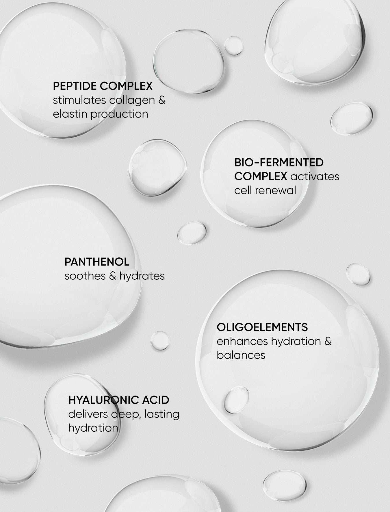 Skincare product droplets with text on a light gray background