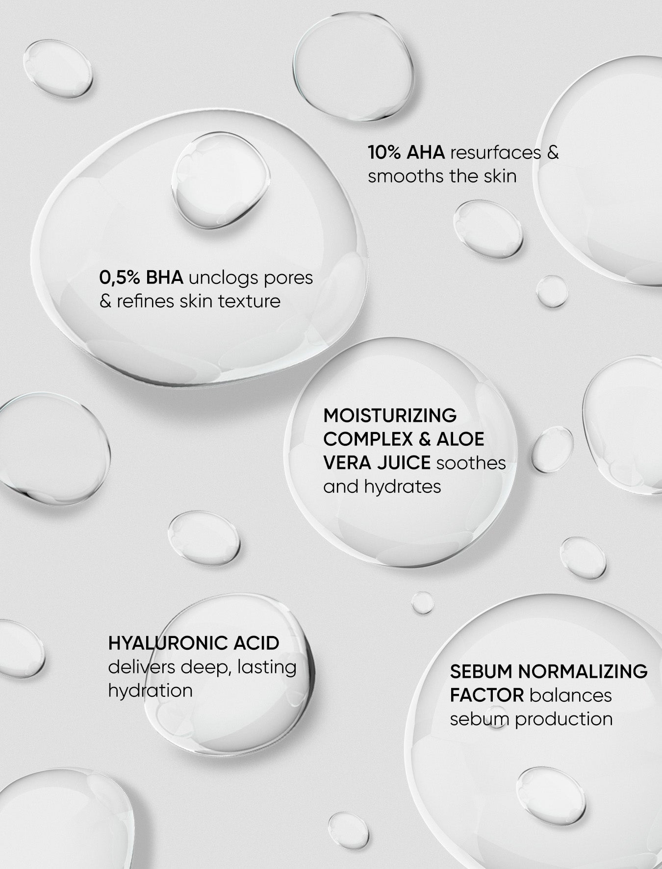 Skincare product containers with text on a light gray background