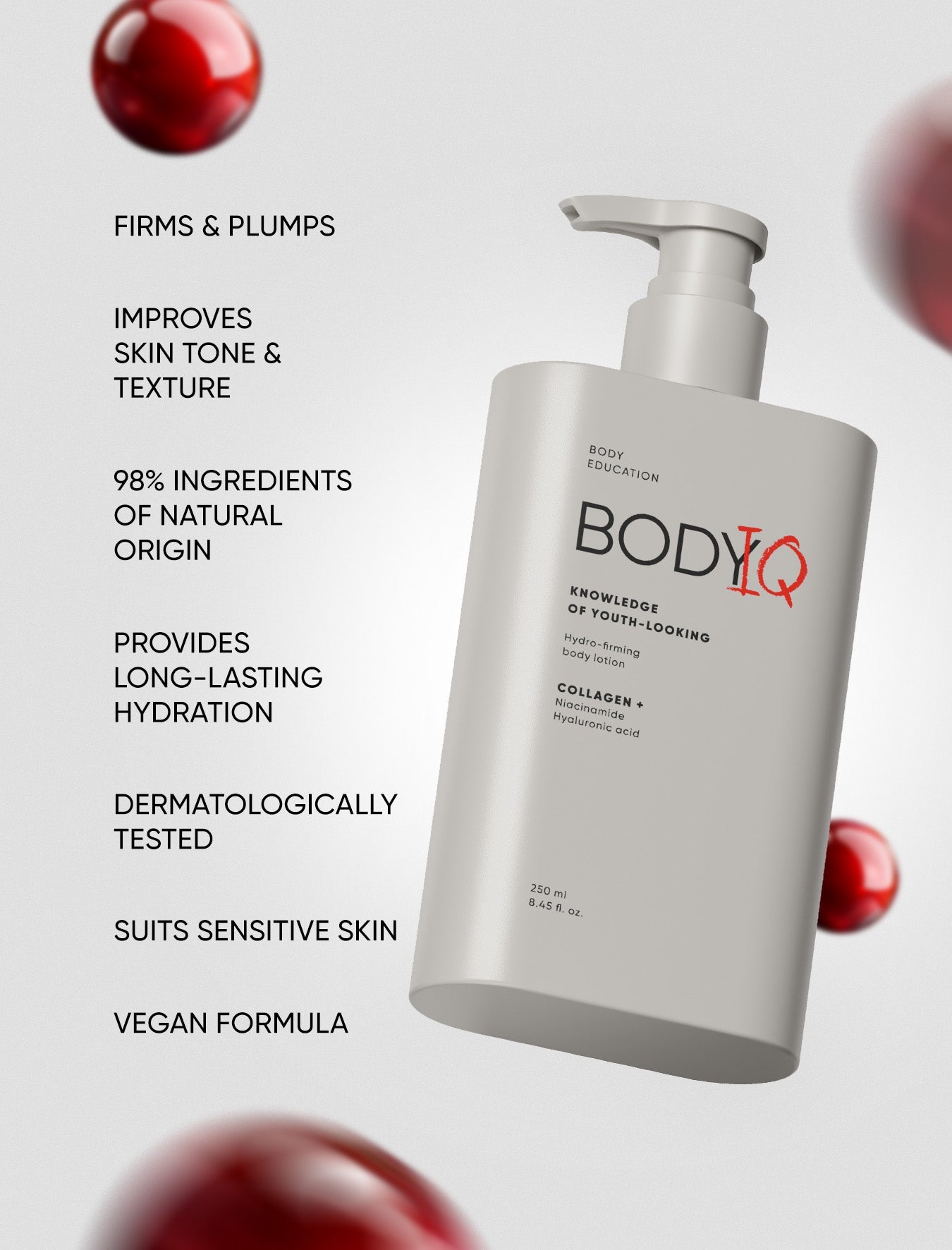 BODIQ skincare product with text highlighting features on a light gray background