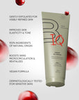 Tube of skincare product with text highlighting benefits on a white background