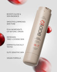 BODiQ skincare product with text highlighting benefits on a light background