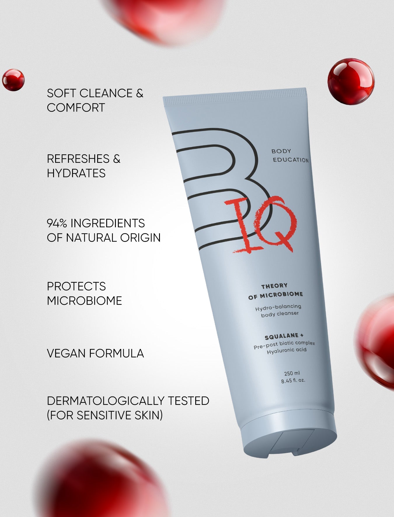 Tube of BODIQ body cleanser with product features listed on a light gray background