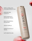 BODIQ skincare product with text highlighting features on a light background