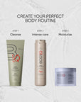 Three BODIQ skincare products with steps for a body routine on a light background