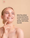 Woman with glowing skin on a beige background with text about a revitalizing concentrate.